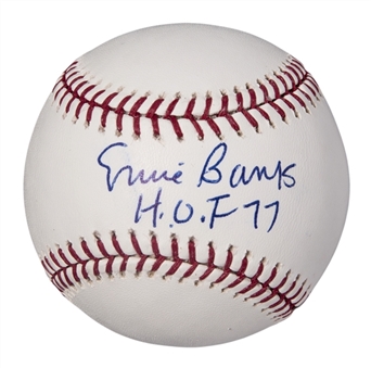 Ernie Banks Signed & "H.O.F 77" Inscribed OML Selig Baseball (PSA/DNA)
